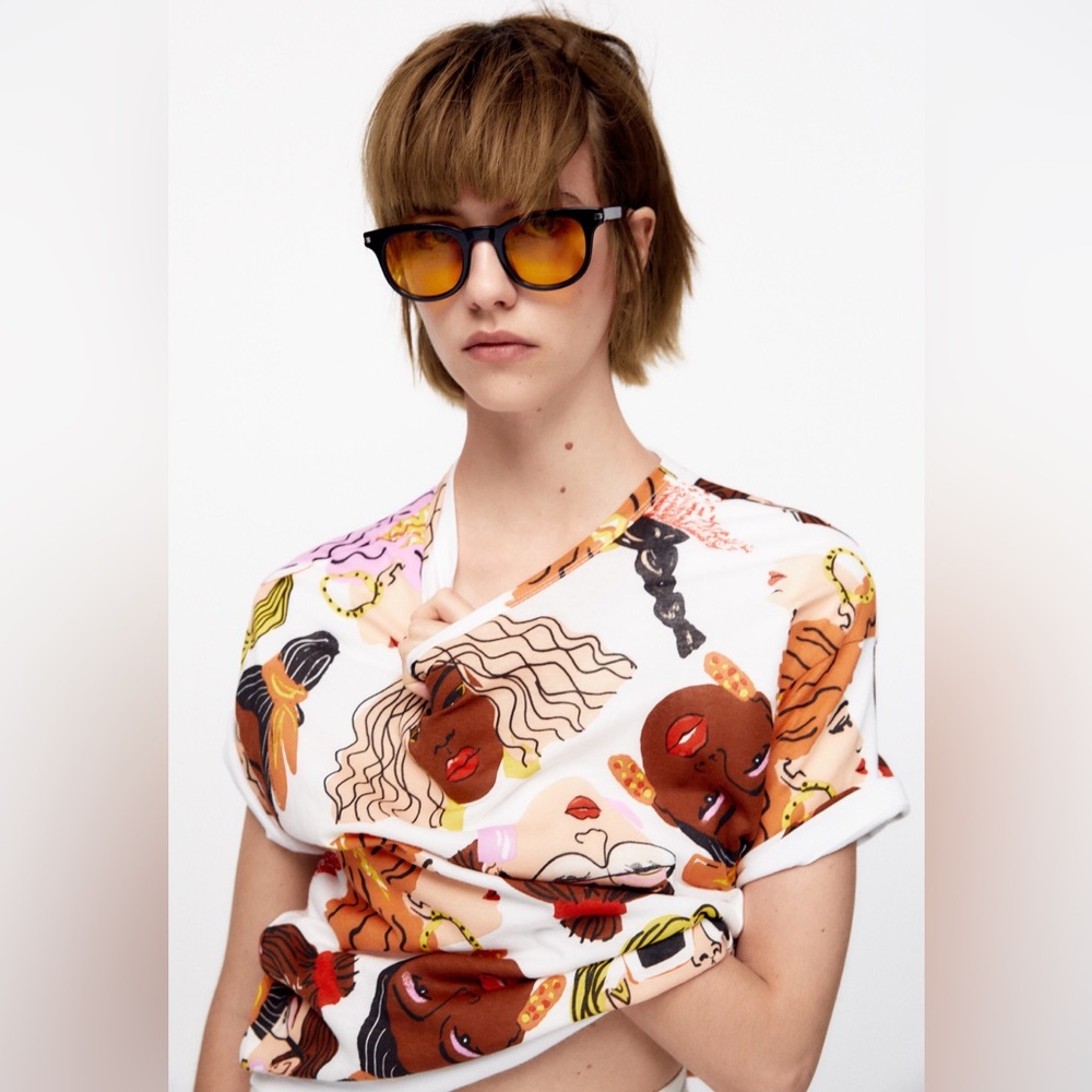 Zara Graphic Faces Print T-Shirt White Size S NEW